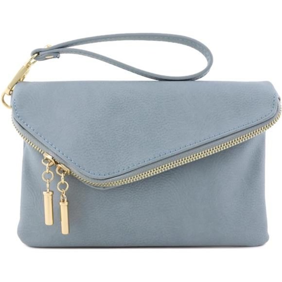 👛 Envelope Wristlet Clutch Crossbody Bag with Chain Strap (Blue Grey) One Size - Picture 2 of 7
